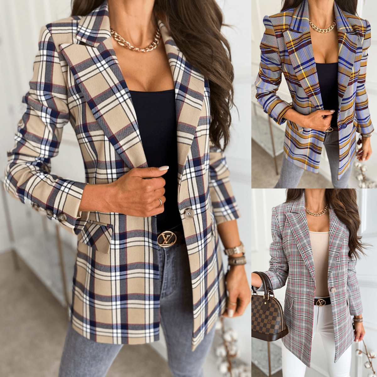 2021 autumn and winter independent station wish Amazon ebay long sleeve slim single button plaid printed jacket small suit