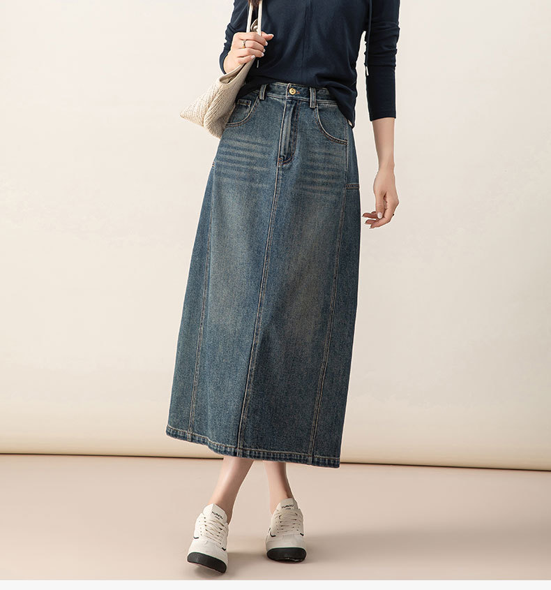Váy denim chữ A lưng cao cổ điển xẻ tà dài vừa phải — màu xanh chi tiết 2