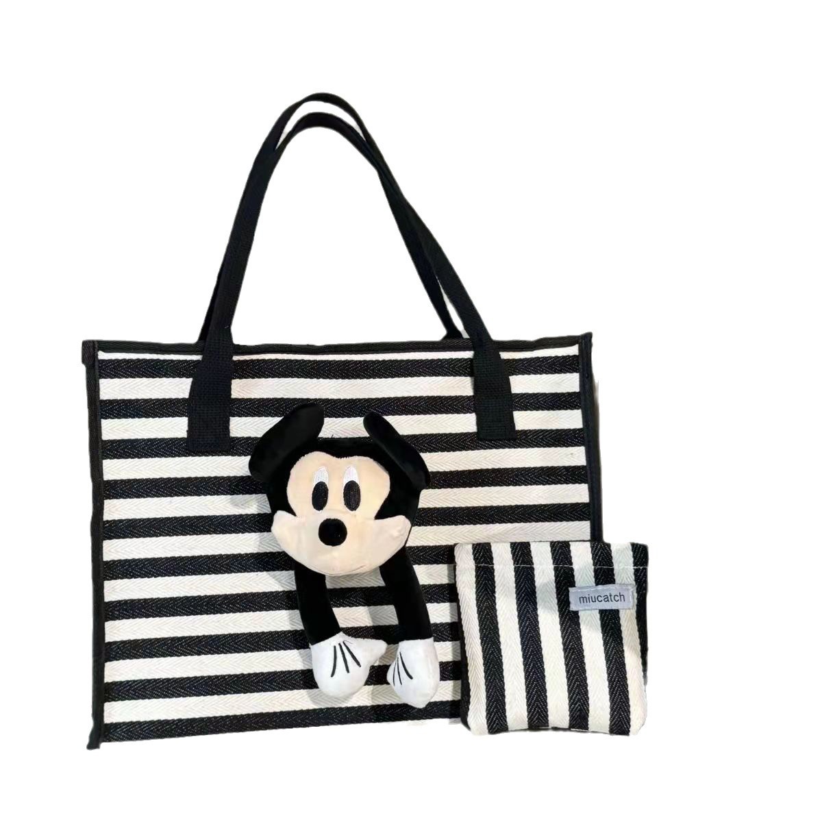 Cute lienzo a rayas de dibujos animados de gran capacidad tote mommy viaje viaje de viaje bolsa de compras muñeca de peluche bolso de hombro