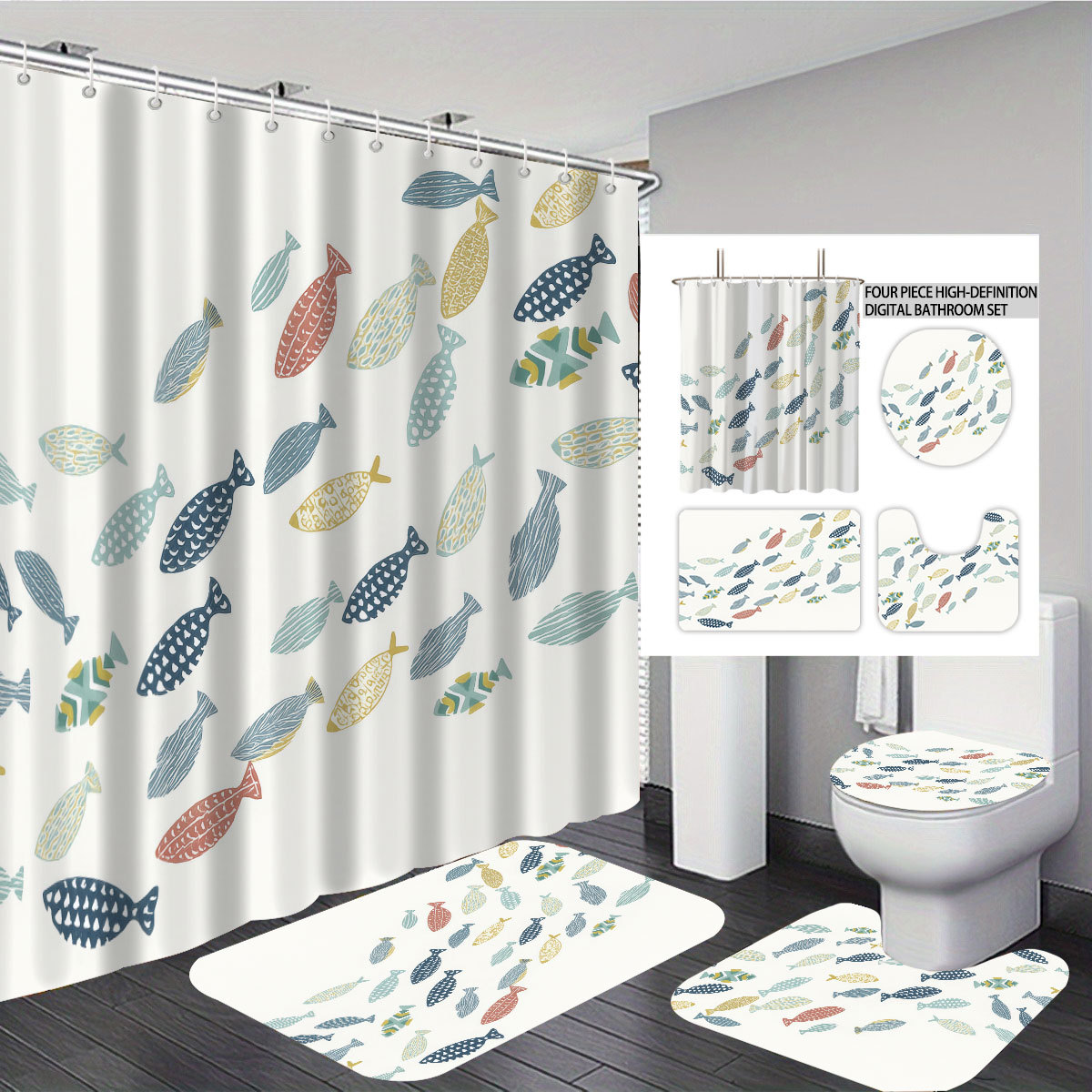 Temu cortina de baño impermeable personalizada serie de elementos marinos 3D impresión poliéster cortina de baño de cuatro piezas fábrica image 17