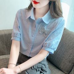 夏服 2025 新しいジャカード刺繍綿シャツ女性の綿の女性のシャツ西洋スタイルの薄いトップ半袖
