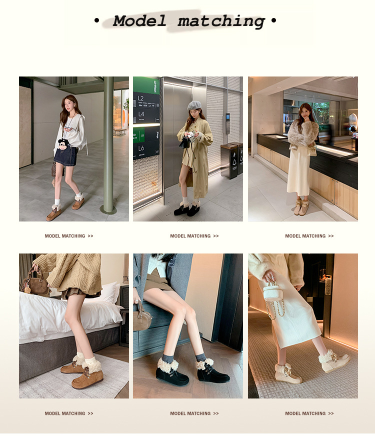 Boot tuyết nữ cổ cao lót lông giữ nhiệt, mũi tròn, dây buộc, tăng chiều cao bên trong — Vàng kem lót đơn, Đen lót nhung, Vàng kem lót nhung, Nâu lót nhung chi tiết 4