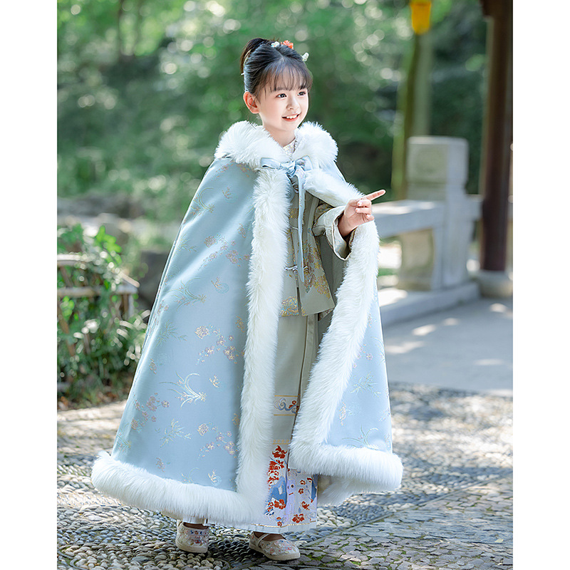 Blue Girls' Hanfu Hooded Cloak Fairy Hair Collar Chinese Style fleece-lined Thickened fleece-lined Long Cloak for Little Girls