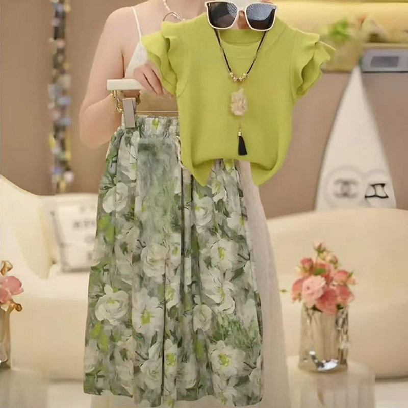 Girls Ruffled Short-Sleeved Suit Summer 2025 New Ultra-Thin Lace T-Shirt Chiffon Floral Wide-Leg Pants Anti-Mosquito Thin