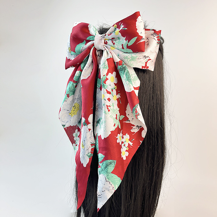 Retro Camellia Red Big Bow Long Floating Hair Clips Hair Accessories Printed Temperament Back Head Spring Clip Top Clip display picture 2