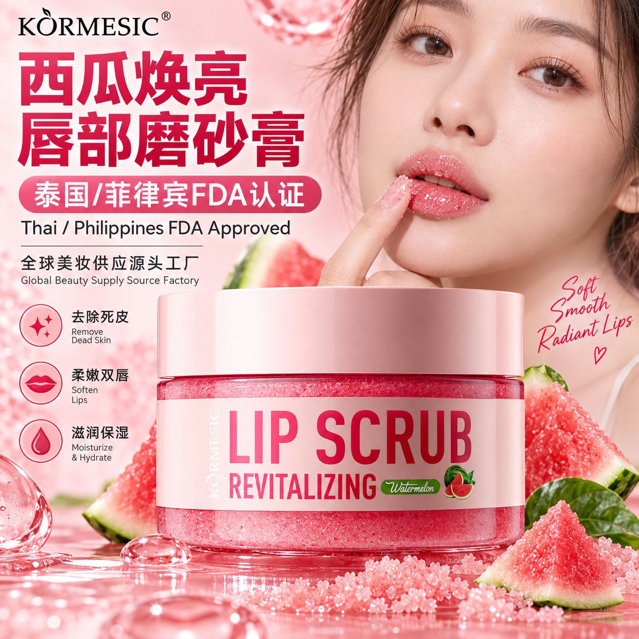 KORMESIC Watermelon Brightening Lip Scrub Exfoliates and Moisturizes, In-stock for Cross-border Trade in Southeast Asia