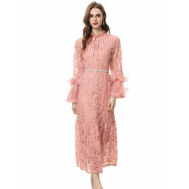 跨境欧美2024春季新款女装立领灯笼袖重工网纱手摇花气质礼服长裙