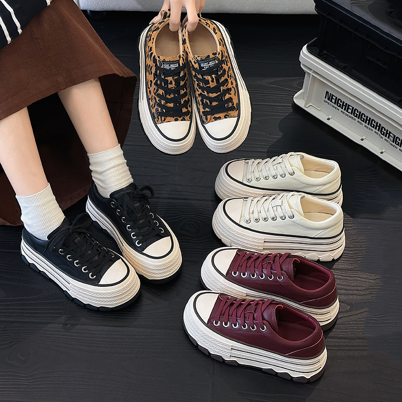 Platform bottom leopard print casual board shoes women's 2024 fashion genuine leather increased all-match small white shoes number 6989