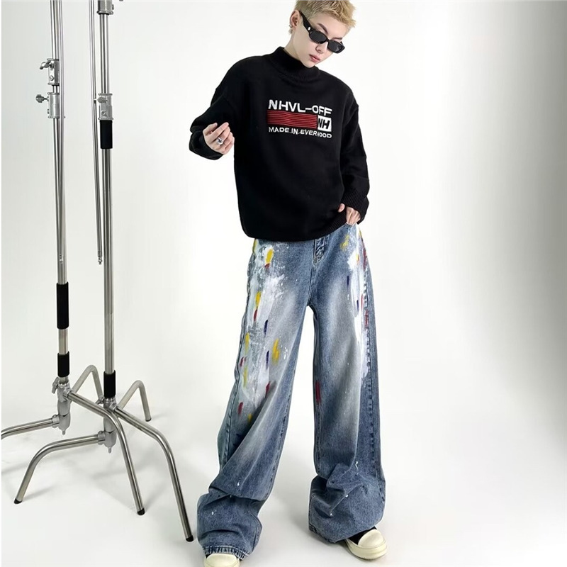 Celebrity-Inspired American High Street Niche Design Washed Vintage Graffiti Loose Straight Mid-Rise Jeans for Men and Women