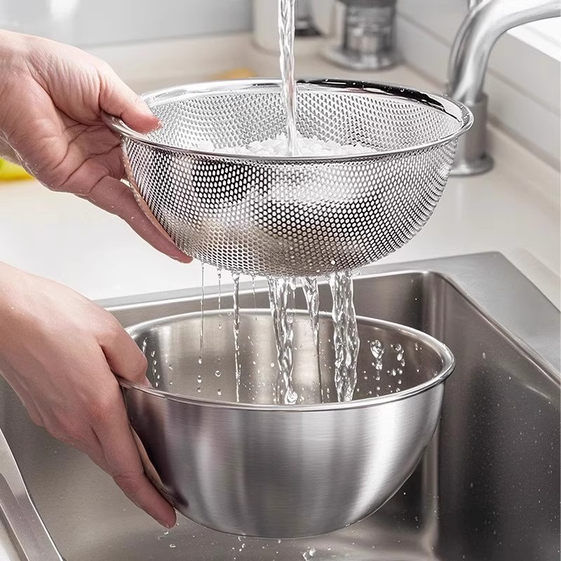 Stainless Steel Double-Layer Sink Drain Basin Drain Basket Kitchen Rice Washing Sieve Rice Washer Food Grade Water Filter Sieve