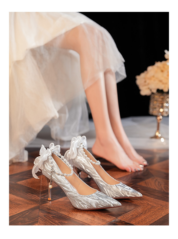 6681-58-041 Pointed Toe Stiletto Heel Shallow Mouth Women's High Heels French Bow Elegant Socialite Wedding Shoes_voghion.com
