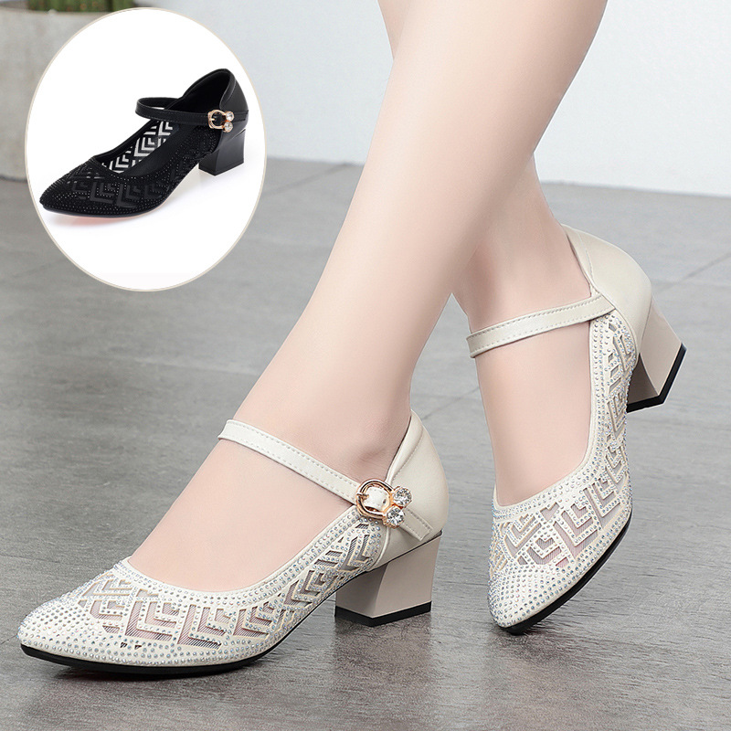 Sandal nữ da thật mũi kín lưới hở gót vuông ổn định — màu đen