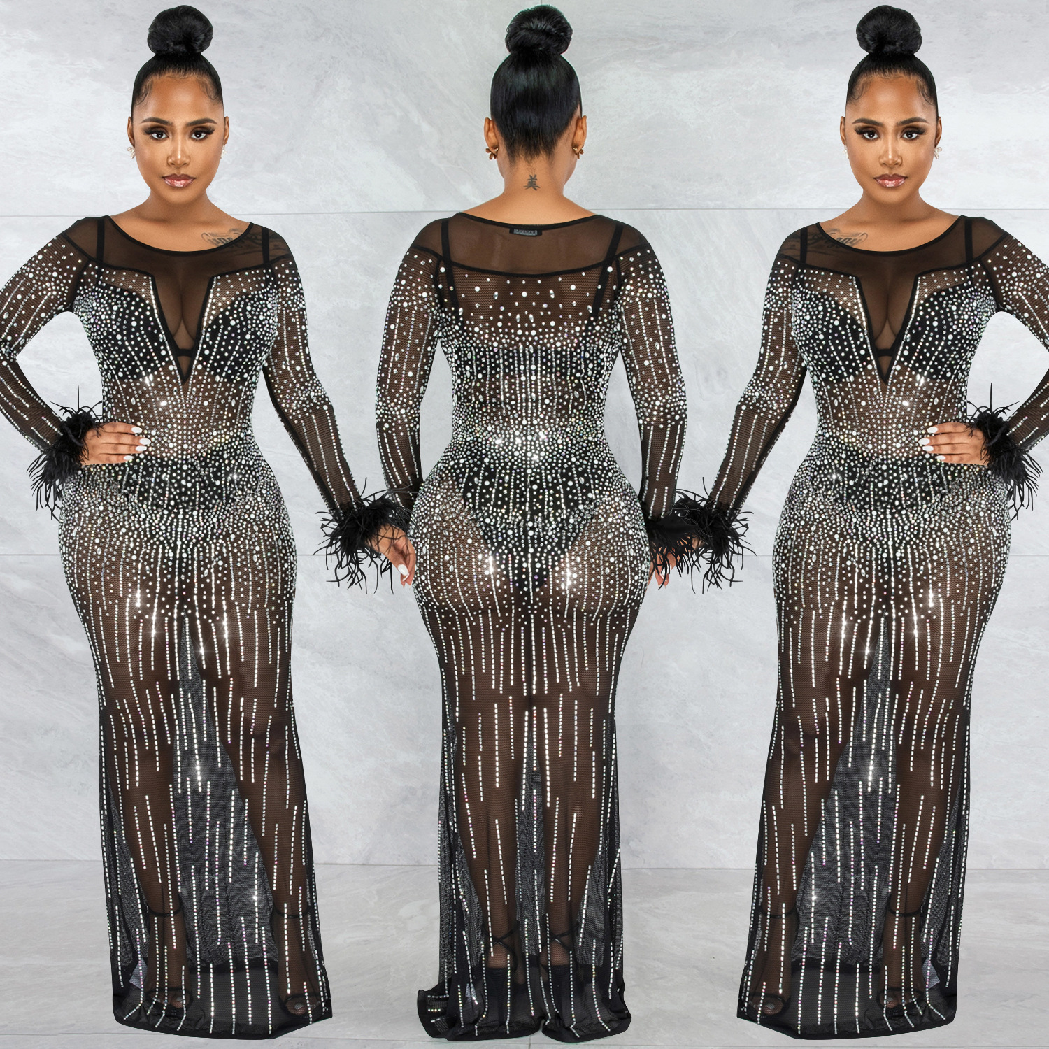 Hot Diamond Mesh See-Through Long-Sleeved Prom Dress NSXYZ110917