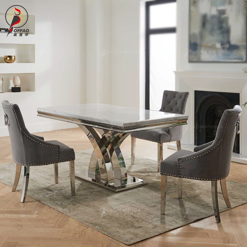 Light Luxury Marble Dining Table High-End Luxury Dining Table Cross-Border Furniture Stainless Steel Dining Table and Chairs Set