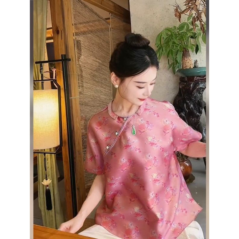 新しい中国風の婦人服 2025 夏服ユニークでシックな唐装中国風ピンク半袖シャツハイエンド宋錦トップ|undefined