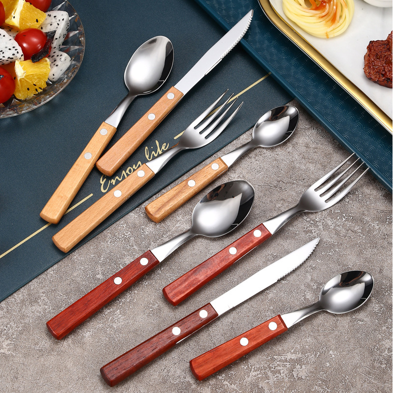 Cuchillo, tenedor y cuchara con mango de madera de acero inoxidable 304, restaurante occidental, bistec, cuchillo, tenedor y cuchara, juego de vajilla portátil de viaje, fuente transfronteriza