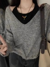 设计感领挂脖假两件毛衣女春秋宽松慵懒风温柔软糯短款针织上衣