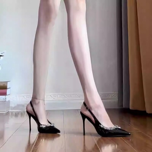 Everyday Casual Rhinestone Sandals for Women: Chanel-style High Heels, French-style Stiletto Heels with Pointed Toes, Nude-colored Ladies' Shoes