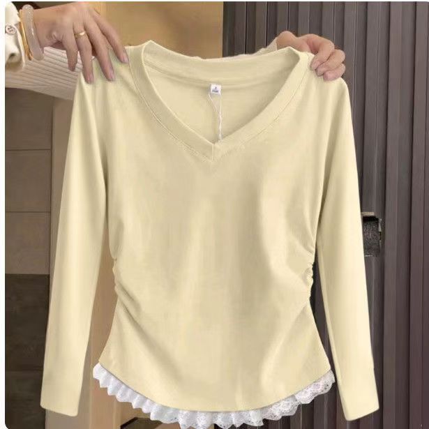 Lace Splicing V-Neck Top for Women, Spring & Fall Versatile New Bottoming Shirt, Pinch Waist Shirt, Design Bottoming Long-Sleeved T-Shirt
