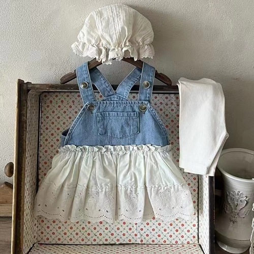 Korean Version Cute Baby and Toddler Clothing Soft Denim Patchwork Girls Spring Embroidered Bear Dress