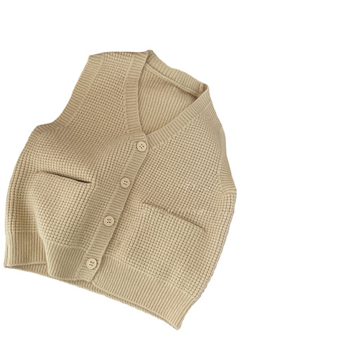 Spring and Autumn New Children's Apparel Korean Style Honeycomb Pocket Knit Cardigan Vest for Boys and Girls Solid Color Simple Knit Jacket Outerwear