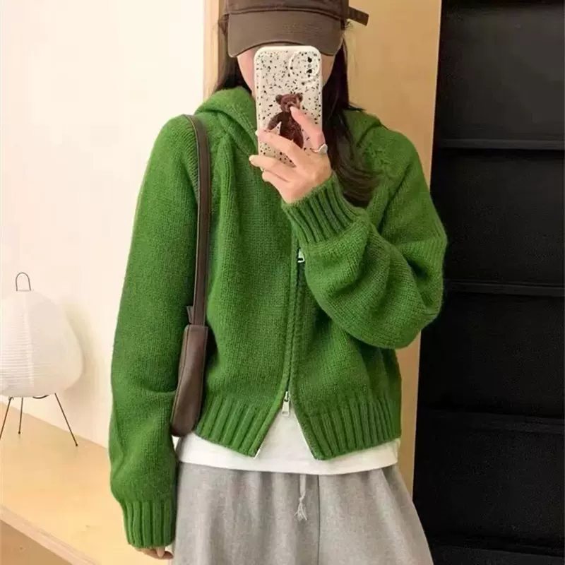 跨境优选韩系慵懒风连帽针织开衫女宽松高级感双拉链加厚毛衣外套