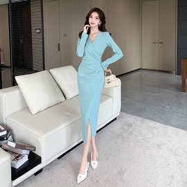 2025秋冬季新款时尚气质网红开叉长裙包臀连衣裙大小订单定 制