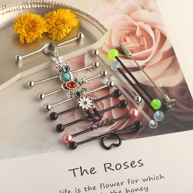 European American Trendy Ear Studs Butterfly Snake Industrial Barbell Cross Bar Ear Bone Nail Piercing Jewelry Set detail image 11