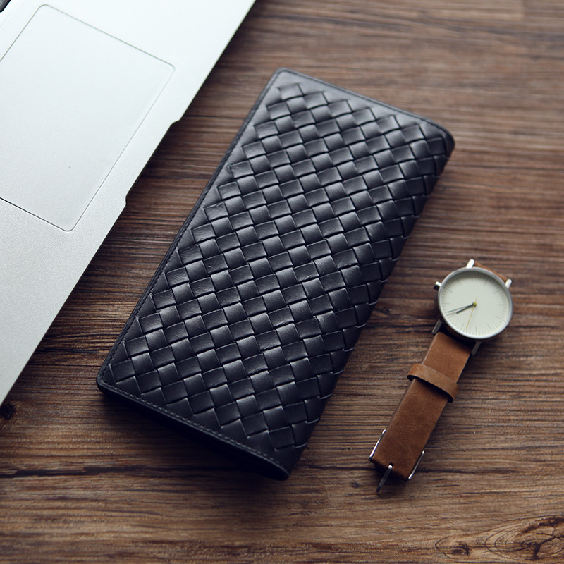 蓝皮具男士真皮钱包长款纯手工编织牛皮票夹女士超薄手拿手机钱包