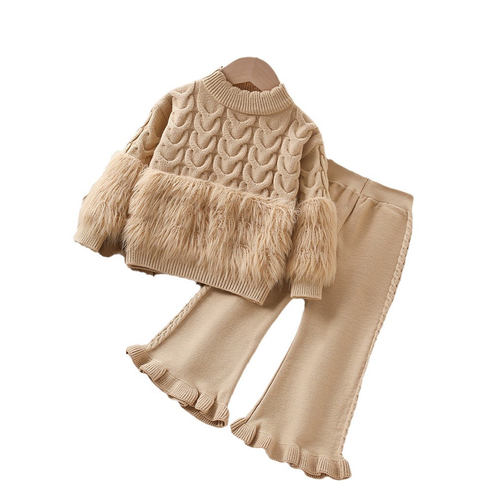 Conjunto de punto para niñas otoño-invierno 2024, estilo coreano – dos piezas (jersey y pantalón).