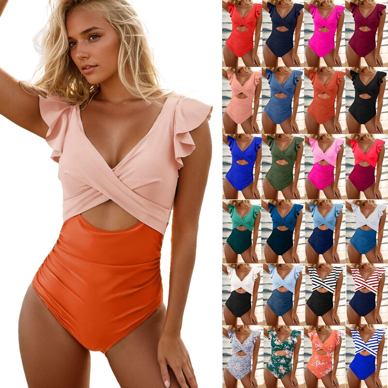 24 New Amazon Swimsuit Explosions One-piece Cross-flyer Swimsuit Women's Ruffled Foreign Trade Swimsuit bikini