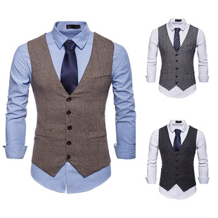 Cross-Border Spring and Autumn New Herringbone Men's Single-Breasted Suit Vest Foreign Trade European Size Slim Solid Color Casual Vest