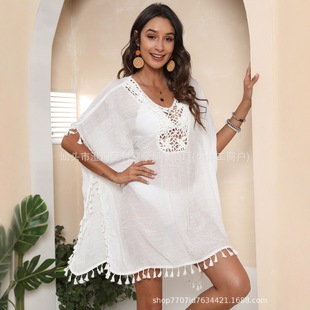 Cross-Border Vacation Crochet Solid Color Patchwork European and American Style Loose Beach Dress with Small Tassels, Sun Protection Short Beach Cover-Up