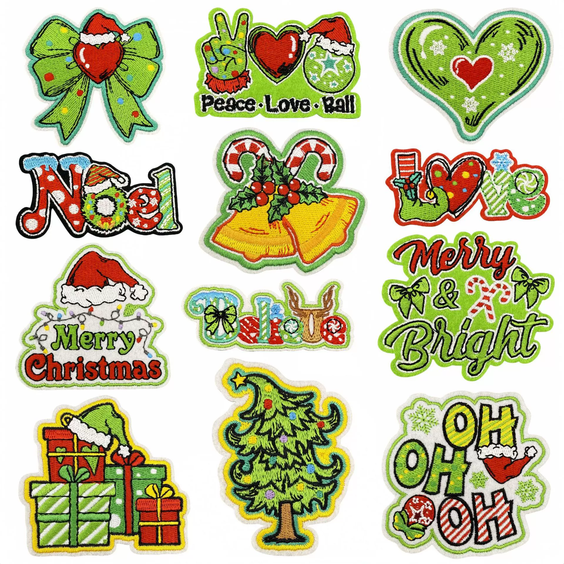 现货绿色系列刺绣布贴卡通圣诞礼物补丁贴熨烫背胶电脑绣花辅料款