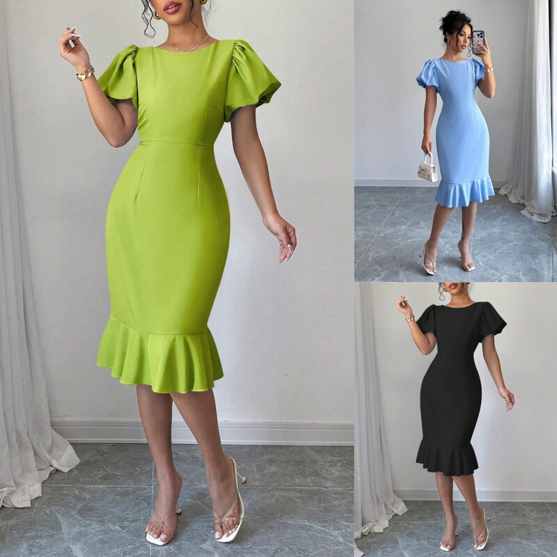 Cross-Border Amazon European and American Best-Selling Pure Color Puff Sleeve Fishtail Skirt Slim and Elegant Mid-Length Dress
