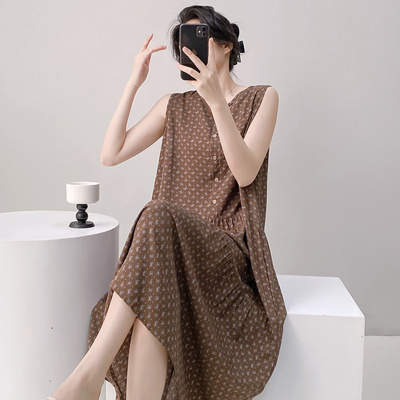 Cotton Silk Nightgown for Women, Summer Sleeveless High-End Long Pajamas, Internet Celebrity Live Broadcast Hot Style, Large Size Spring & Fall Home Clothes