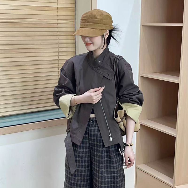 韩版时尚立领袖口拼接拉链短外套女2025秋新款设计感百搭夹克上衣|undefined