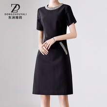 轻奢钉珠小黑裙2024夏季新款女装时尚圆领短裙气质修身短袖连衣裙