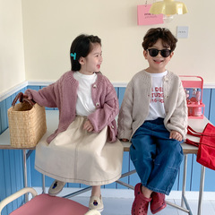 Kids' Sweater 2024 Autumn: Boys' and Girls' Korean-Style Solid-Colored Knitted Wool Sweater, Children's Casual Cable-Knit Cardigan Jacket