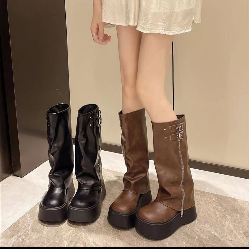 加宽大腿围长筒靴胖mm粗腿靴子美拉德大筒围女靴复古西部牛仔靴女|undefined