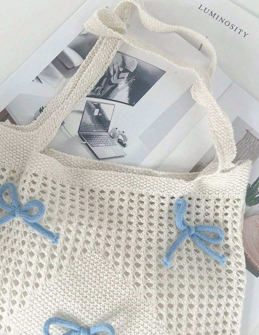 Women's Gender Women's Medium Polyester Bow Knot Cute Preppy Style Knitting Hollow Square Open Square Bag