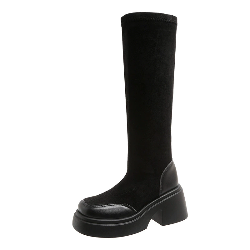 Толстые черные эластичные сапоги на коленях женские не выпадут осенью и зимой 2024 года