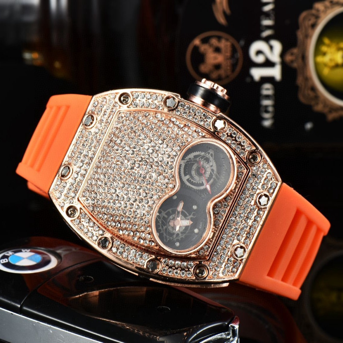 Novo relógio de quartzo masculino com dois olhos e céu estrelado, relógio de pulso personalizado com cravejado de diamantes_voghion.com