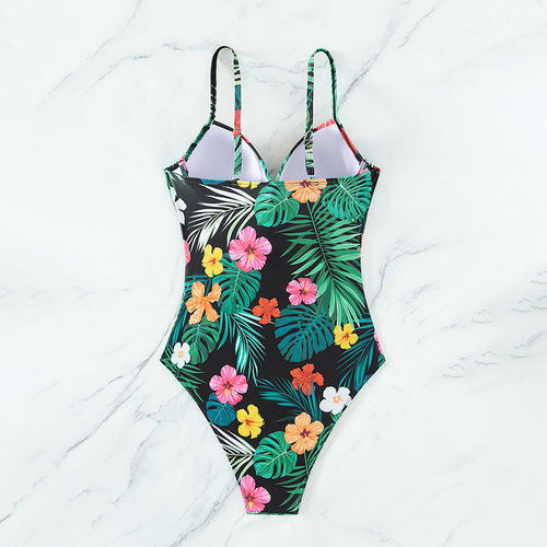 European and American floral small bust gathering one-piece swimsuit triangle conservative slimming bikini for women