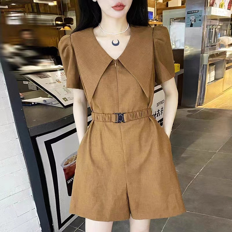 Navy Collar Wide-Leg Shorts Jumpsuit for Women 2025 Summer Thin Export Style Petite Loose High-Waisted Cargo Pants