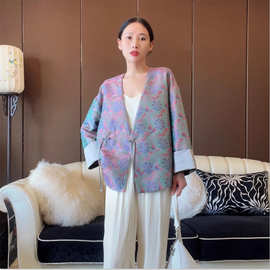 2023杨幂同款鎏金溢彩真丝宋锦上衣女V领流苏扣新中式外套秋