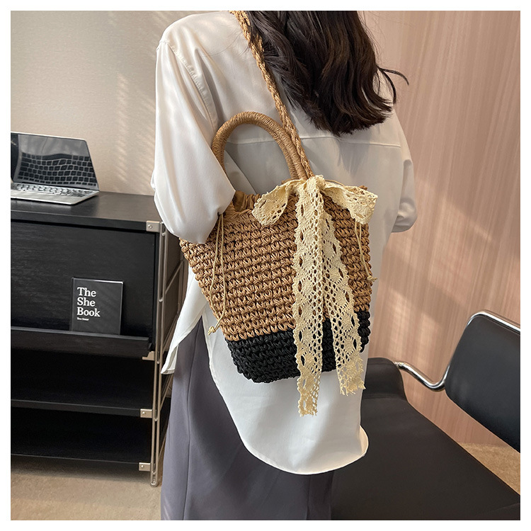 Women's Straw Shoulder Bag With Silk Scarf For Holiday Beach_voghion.com