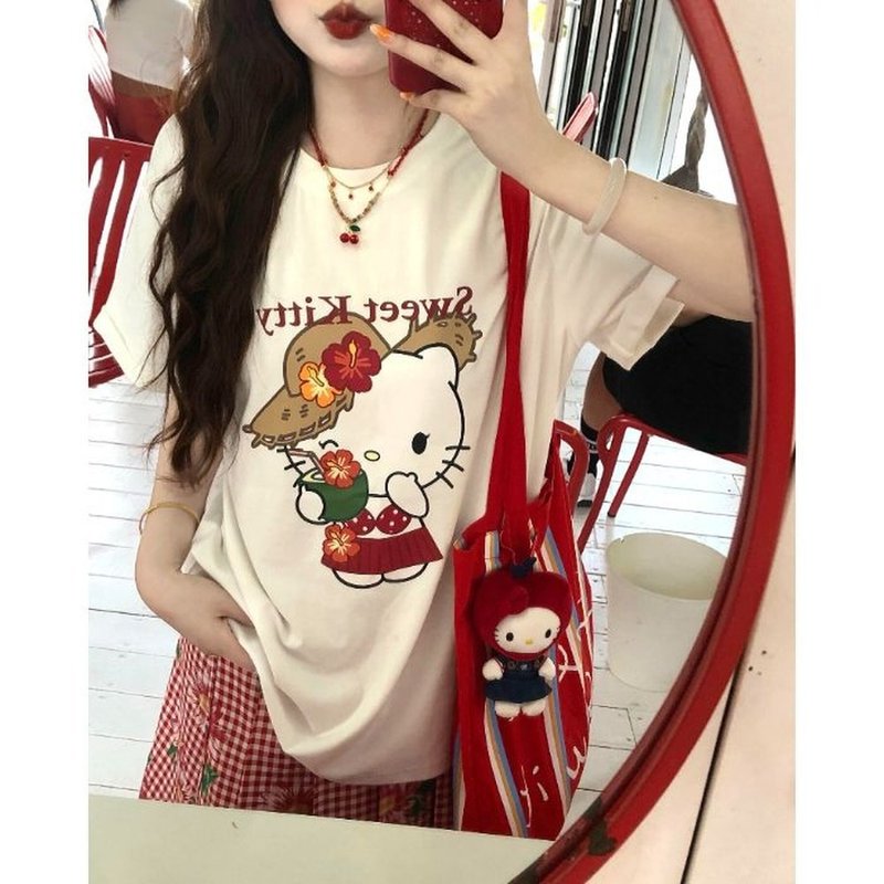 日本の夏の新しいハローキティプリント半袖Tシャツハローキティ純綿半袖Tシャツ婦人服|undefined