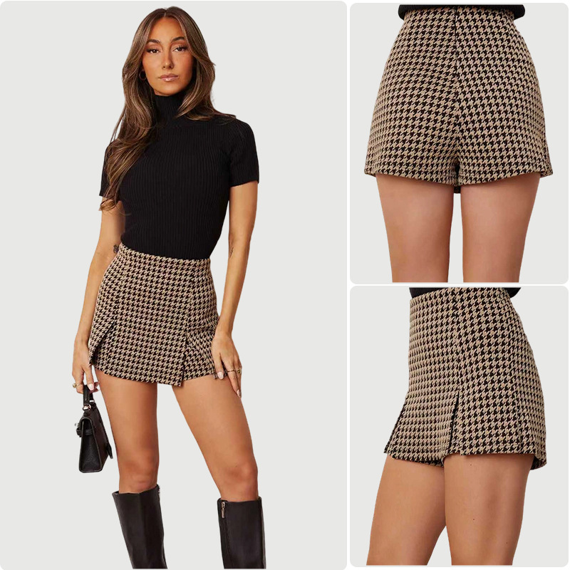 2025跨境亚马逊速卖通女式休闲高腰百搭卡其色格子短裤