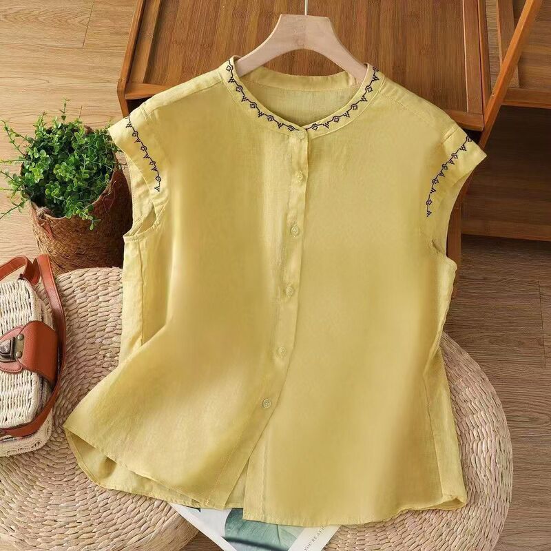 Literary Age-Reducing Pure Color Embroidered Flying Sleeve Shirt for Women Summer Age-Reducing Chic Linen Shirt Round Neck Cotton and Linen Top Literary Age-Reducing Pure Color Embroidered Flying Sleeve Shirt for Women Summer Age-Reducing Chic Linen Shirt Round Neck Cotton and Linen Top
